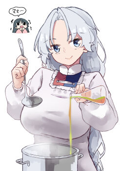2girls apron braid breasts closed_mouth commentary_request cooking cooking_pot deetamu erlenmeyer_flask flask grey_eyes grey_hair highres holding holding_flask holding_ladle houraisan_kaguya kappougi ladle large_breasts long_hair long_sleeves looking_at_viewer multiple_girls no_headwear open_mouth pink_shirt shirt simple_background single_braid smile speech_bubble touhou translation_request trembling very_long_hair white_apron white_background yagokoro_eirin