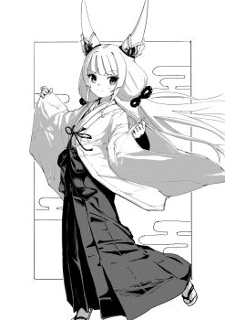 1girl alternate_costume animal_ear_fluff animal_ears border cat_ears cat_girl chin_bell closed_mouth commentary_request egasumi eyelashes greyscale highres japanese_clothes long_hair low_twintails miko monochrome nia_(blade)_(xenoblade) nia_(xenoblade) outside_border sandals smile solo twintails white_border wide_sleeves xenoblade_chronicles_(series) xenoblade_chronicles_2 zouri