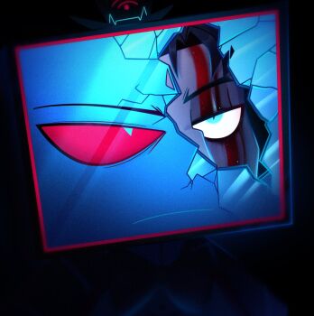 Rule 34 | 1boy, blood, broken screen, cracked kawaii mask, frown, green eyes, hazbin hotel, hellaverse, highres, kadeywadey10, male focus, portrait, red eyes, solo, television, vox (hazbin hotel), vox (human) (hazbin hotel)