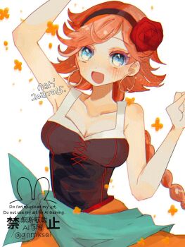 1girl :d agnea_bristarni artist_name black_hairband blue_eyes braid braided_ponytail breasts cleavage commentary_request dancer dated earrings flower hair_flower hair_ornament hairband han_(hn-khk) highres hoop_earrings jewelry large_breasts octopath_traveler octopath_traveler_ii open_mouth orange_hair red_flower red_rose rose smile solo standing twitter_username watermark white_background