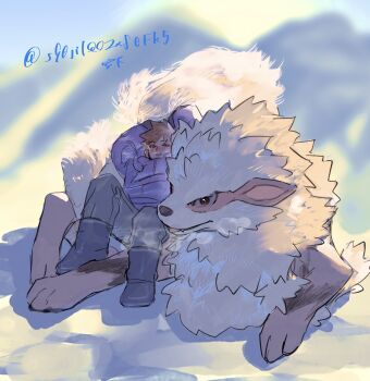 Rule 34 | 1boy, alternate costume, arcanine, arms up, black footwear, blue oak, boots, breath, brown hair, commentary request, gen 1 pokemon, grey pants, highres, jacket, long sleeves, male focus, miyage no nukegara, nintendo, open mouth, pants, pokemon, pokemon (creature), pokemon rgby, purple jacket, short hair, sitting, twitter username