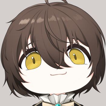 Rule 34 | 1boy, ahoge, ascot, black jacket, brown hair, chinese commentary, closed mouth, commentary request, dragon raja (jiang nan), grey background, hair between eyes, highres, jacket, looking at viewer, lu mingze, male focus, mutsuki face (blue archive), portrait, quancy (sduk8432), short hair, simple background, smile, solo, straight-on, white ascot, yellow eyes