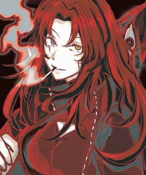 1girl akachan_5551 black_background bodysuit cigarette coat e.g.o_(project_moon) gebura_(project_moon) grey_eyes highres jacket living_weapon lobotomy_corporation long_hair long_sleeves looking_at_viewer mimicry_(e.g.o) open_clothes open_jacket over_shoulder parted_bangs project_moon red_bodysuit red_hair red_jacket red_theme scar scar_across_eye scar_on_face sidelocks simple_background smoke smoking weapon weapon_over_shoulder yellow_eyes