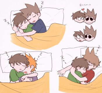 Rule 34 | 4boys, :o, antenna hair, biting, biting cheek, blanket, blue shirt, blush, brown hair, closed eyes, commentary request, couple, cuddling, doodle inset, drooling, edd (eddsworld), eddsworld, fewer digits, flipped hair, green shirt, hair behind ear, hair ears, heart, highres, hollow eyes, hug, kiss, kissing cheek, light blush, male focus, matt (eddsworld), mau (edd tom), multiple boys, multiple views, open mouth, orange hair, pillow, purple shirt, red shirt, shirt, short hair, short sleeves, simple background, sleeping, smile, spiked hair, swept bangs, tom (eddsworld), tord (eddsworld), translation request, u u, under covers, white background, yaoi, zzz