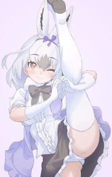 1girl absurdres animal_ears bow bowtie brown_eyes commentary_request elbow_gloves extra_ears gloves grey_background grey_hair highres kemono_friends long_hair looking_at_viewer lowlandgorilla one_eye_closed panties rabbit_ears rabbit_girl ribbon shirt shoes simple_background skirt snowshoe_hare_(kemono_friends) solo thighhighs underwear