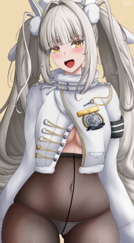 1girl absurdres armband black_armband black_pantyhose blanc_(fortune_express)_(nikke) blanc_(nikke) boots breasts coat commentary covered_erect_nipples crotch_seam english_commentary fang fur-trimmed_collar fur-trimmed_sleeves fur_trim goddess_of_victory:_nikke hair_ornament hat high-waist_pantyhose highres jacket long_hair looking_at_viewer no_pants official_alternate_costume panties panties_under_pantyhose pantyhose pom_pom_(clothes) pom_pom_hair_ornament rabbitttt seamed_legwear see-through_pantyhose skin_fang smile solo twintails underwear very_long_hair white_boots white_hair white_hat winter_clothes winter_coat yellow_eyes