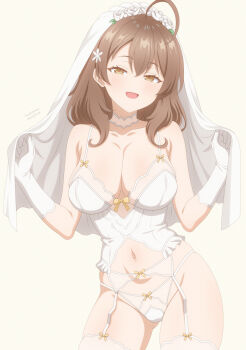 1girl :d absurdres ahoge audirenze breasts bridal_lingerie bridal_veil brown_hair choker cleavage commentary elbow_gloves garter_belt gloves hair_ornament highres large_breasts lingerie long_hair looking_at_viewer mariya_mikhailovna_kujou navel open_mouth paid_reward_available simple_background smile thighhighs tokidoki_bosotto_roshia-go_de_dereru_tonari_no_alya-san twitter_username underwear veil white_choker white_garter_belt white_gloves white_thighhighs