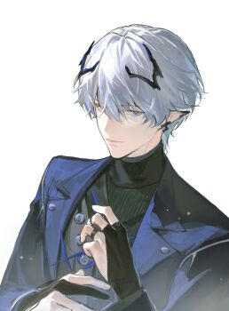 1boy ardashir_(arknights) arknights arknights:_endfield arms_up black_gloves black_horns black_shirt blue_eyes blue_jacket closed_mouth commentary duetrofl ear_covers english_commentary gloves highres horns jacket lapels looking_to_the_side male_focus notched_lapels open_clothes open_jacket partially_fingerless_gloves pointy_ears shirt sideways_glance simple_background single_ear_cover solo suit_jacket turtleneck upper_body vest white_background