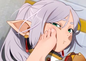 barefoot burger closed_mouth commentary earrings eating english_commentary feet food food_on_face frieren green_eyes grey_hair highres jewelry khyle. pointy_ears sousou_no_frieren