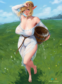 1girl aqua_eyes ave_poppea bare_shoulders barefoot belt black_hole-shaped_pupils blonde_hair blush body_freckles braid breasts brown_belt bucket dress fingernails freckles full-face_blush full_body grass hair_bun hand_on_own_head highres holding holding_bucket large_breasts legs lips long_fingernails long_hair mole mole_on_breast mole_under_eye mountain nail_polish nipple_indents no_bra no_panties nose nostrils original outdoors parted_lips red_nails shoulder_freckles solo teeth thighs toenail_polish toenails water wet wet_clothes wet_dress white_dress