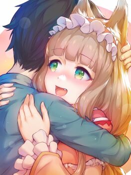Rule 34 | 1boy, 1girl, animal ear fluff, animal ears, black hair, blunt bangs, blush, coba (coba xp), fang, fox ears, fox girl, frilled hairband, frilled sleeves, frills, green eyes, hairband, hetero, highres, hug, maho (princess connect!), open mouth, princess connect!, sidelocks, yuuki (princess connect!)