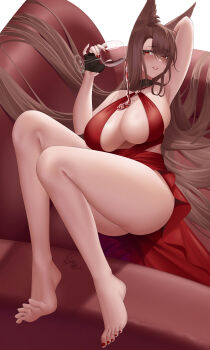 1girl absurdres akagi_(azur_lane) alcohol animal_ears azur_lane barefoot blush breasts brown_hair couch cup dress drinking_glass feet highres ichikushi_mojibake large_breasts long_hair looking_at_viewer parted_lips red_eyes soles spilling toes wine wine_glass