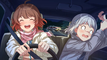2girls :d ^_^ ahoge blush braid brown_hair brown_jacket car car_interior cardigan closed_eyes commentary_request crying crying_with_eyes_open drifting driving fujiwara_takumi's_toyota_trueno_ae86 gakuen_idolmaster grey_hair grey_jacket hanami_ume highres idolmaster initial_d jacket katsuragi_lilja motor_vehicle multiple_girls o_o one_eye_closed open_clothes open_jacket open_mouth pink_cardigan pink_scarf rocktaso_co_ltd scarf seatbelt short_hair smile tears teeth toyota toyota_sprinter_trueno upper_teeth_only