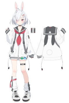 Rule 34 | 1girl, animal ears, black sailor collar, blush, closed mouth, commentary request, grey hair, grey shoes, hair over one eye, highres, jacket, kani biimu, long sleeves, loose socks, neckerchief, original, personification, petite, pinching sleeves, puffy long sleeves, puffy sleeves, rabbit ears, rabbit tail, red eyes, red neckerchief, sailor collar, shoes, simple background, sleeves past wrists, socks, solo, standing, tail, translation request, white background, white jacket, white socks