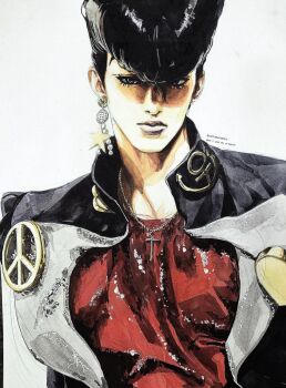 Rule 34 | 1boy, anchor ornament, black hair, cross, cross necklace, diamond wa kudakenai, earrings, higashikata josuke, jewelry, jojo no kimyou na bouken, male focus, necklace, peace symbol, pompadour, popped collar, santamanymany, single earring, solo, star (symbol), star earrings, upper body