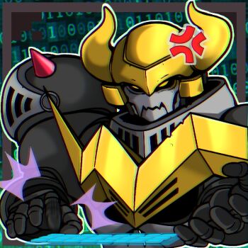 Rule 34 | angry, armor, darkknightmon, digimon, digimon (creature), full armor, horns, solo, sticker, yellow eyes