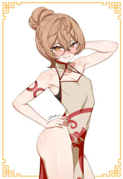 Rule 34 | 1girl, absurdres, alternate costume, arm behind head, blush, border, breasts, brown dress, brown eyes, brown hair, china dress, chinese clothes, cleavage cutout, clio aite, clothing cutout, commentary, cowboy shot, crossed bangs, dress, english commentary, freckles, glasses, grin, hair between eyes, hair bun, hand on own hip, highres, inset border, looking at viewer, ornate border, paid reward available, phase connect, round eyewear, signature, single hair bun, sleeveless, sleeveless dress, small breasts, smile, solo, standing, virtual youtuber, white background, zedxxx