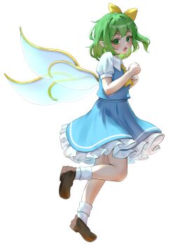 1girl absurdres ascot bow brown_shoes collared_shirt commentary_request daiyousei fairy fairy_wings frilled_skirt frills green_eyes green_hair hair_bow highres leg_up loafers long_hair open_mouth pointy_ears puffy_short_sleeves puffy_sleeves shirt shoes short_sleeves simple_background skirt socks solo soo_kazahana touhou white_background white_shirt white_socks wings yellow_ascot yellow_bow