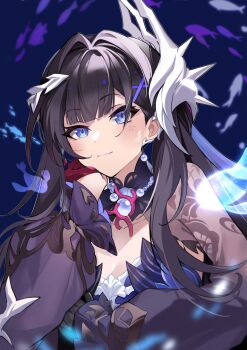 Rule 34 | 1girl, absurdres, asymmetrical gloves, black gloves, black hair, blue dress, blue eyes, breasts, cleavage, collarbone, commentary request, dress, earrings, feng zhu shang beo hen, gem, gloves, hair intakes, hair ornament, hand on own cheek, hand on own face, highres, honkai: star rail, honkai (series), hysilens (honkai: star rail), jewelry, long hair, looking at viewer, medium breasts, mismatched gloves, necklace, pearl (gemstone), pearl earrings, pearl necklace, single earring, solo