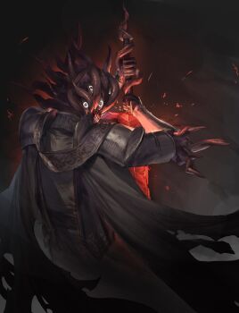 Rule 34 | 1other, absurdres, armor, black background, black cape, black sclera, cape, chinese commentary, colored sclera, dark, extra eyes, glowing, glowing eyes, glowing sword, glowing weapon, gradient background, hands up, highres, holding, holding sword, holding weapon, leviair, looking at viewer, looking back, monster, original, pauldrons, shoulder armor, solo, sword, upper body, weapon, white eyes