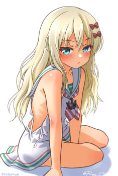 armpits bare_shoulders blonde_hair blush bow collarbone dress grecale_(kancolle) green_eyes hair_bow kantai_collection long_hair low-cut_armhole messy_hair neckerchief pink_bow ray.s ribs sailor_collar sailor_dress shoulder_blush side-tie_dress sleeveless sleeveless_dress striped_neckerchief tan untied_straps wavy_hair white_dress white_sailor_collar