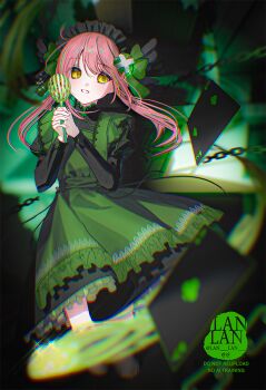 Rule 34 | 1girl, amulet clover, apron, black dress, card, chain, chromatic aberration, commentary request, dress, green apron, hinamori amu, holding, holding whisk, juliet sleeves, lan lan, long sleeves, maid headdress, parted lips, pink hair, puffy sleeves, shugo chara!, smile, solo, twitter username, whisk, yellow eyes