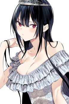 1girl bare_shoulders black_hair breasts cleavage dress frilled_dress frills haite_kudasai_takamine-san highres hiiragi_yuuichi long_hair medium_breasts off-shoulder_dress off_shoulder red_eyes solo takamine_takane tiara upper_body