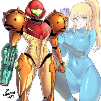 1girl arm_cannon arms_at_sides artist_name assault_visor blonde_hair blue_bodysuit blue_eyes bodysuit breasts clenched_hand commentary covered_navel english_commentary feet_out_of_frame green_visor gun hair_between_eyes helmet highres holding holding_gun holding_weapon jarckius large_breasts long_hair looking_at_viewer metroid mixed-language_commentary mole mole_under_mouth multiple_views nintendo open_mouth paralyzer ponytail power_suit power_suit_(metroid) projected_inset samus_aran simple_background skin_tight standing v-shaped_eyebrows varia_suit weapon white_background zero_suit