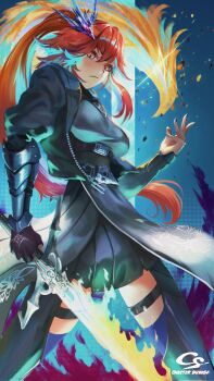 1girl absurdres armor bird bird_hair_ornament chester_shinoda commentary earrings english_commentary feather_earrings feathers fire flaming_sword flaming_weapon gauntlets gloves green_hair hair_ornament highres holding holding_sword holding_weapon hololive hololive_english jewelry long_hair looking_at_viewer multicolored_hair official_alternate_costume orange_hair phoenix ponytail purple_eyes single_glove solo sword takanashi_kiara takanashi_kiara_(knight) virtual_youtuber weapon