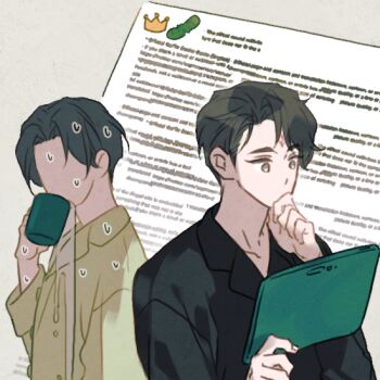 2boys alternate_hair_length_(shorter) black_hair black_shirt brown_eyes collared_shirt contemporary covering_own_mouth crown cup curtained_hair drinking_glass eetttaaa faceless grey_background holding holding_cup holding_tablet_pc long_sleeves looking_at_screen luo_binghe male_focus mug multiple_boys nervous_sweating official_alternate_costume official_alternate_hairstyle parted_bangs pickle ren_zhafan_paijizu_xitong shen_qingqiu shirt short_hair spilling sweat tablet_pc yellow_shirt zuiyin