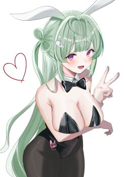 1girl absurdres ahoge animal_ears antenna_hair arm_under_breasts bad_anatomy bad_hands black_bow black_bowtie black_leotard black_pantyhose blunt_bangs blush bow bow-shaped_hair bowtie breasts cleavage commentary cowboy_shot detached_collar fake_animal_ears goddess_of_victory:_nikke green_hair hair_ornament heart heart_antenna_hair highres leotard long_hair looking_at_viewer medium_breasts mole mole_on_breast namakepo official_alternate_costume open_mouth pantyhose playboy_bunny purple_eyes rabbit_ears simple_background smile soda_(nikke) soda_(twinkling_bunny)_(nikke) solo standing strapless strapless_leotard v white_background white_wrist_cuffs wrist_cuffs