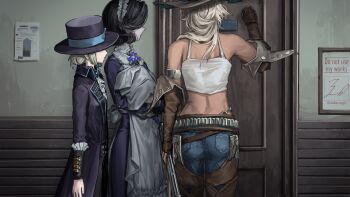 Rule 34 | 3girls, apron, argus (reverse:1999), ascot, bare shoulders, black coat, black hair, black hat, blanket, blonde hair, blue pants, boat, brown hat, brown sleeves, chaps, coat, denim, detached sleeves, door, dress, facing away, flower, from behind, gun, hat, highres, holding, holding blanket, holding gun, holding weapon, indoors, jeans, joki yoh, knocking, long dress, looking at another, maid, maid headdress, midriff, multiple girls, neck flower, pants, picture frame, profile, purple dress, purple flower, reverse:1999, rifle, short hair, swaddled, tank top, tuesday (reverse:1999), vertin (reverse:1999), watercraft, weapon, white apron, white ascot, white tank top