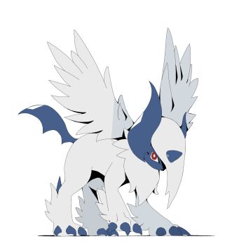 absol animal_focus asymmetrical_horns blue_horns body_fur bright_pupils claws feathered_wings full_body gen_3_pokemon hair_over_one_eye highres horns looking_at_viewer mega_absol mega_pokemon neck_fur nintendo no_humans one_eye_covered pokemon pokemon_(creature) pokemon_focus psaber97 red_eyes simple_background solo uneven_horns white_background white_fur white_hair white_pupils white_wings wings