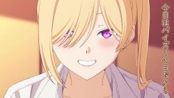 1boy 1girl animated asymmetrical_sidelocks bed_sheet blonde_hair blush breasts breasts_squeezed_together buttons censored center_opening cleavage close-up closet clothed_female_nude_male collarbone collared_shirt completely_nude earrings grin gyaru hair_over_eyes hetero highres huge_breasts indoors jewelry long_hair looking_at_viewer looking_down lying mole mole_under_mouth mosaic_censoring no_bra nude on_back on_bed original paid_reward_available paizuri parted_bangs partially_unbuttoned penis pink_nails pov pov_crotch purple_eyes shirt side_ponytail sidelocks sleeves_rolled_up smile sound spread_legs stud_earrings tagme talking teeth tonkotu102 video white_shirt