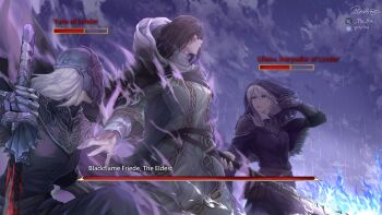 Rule 34 | absurdres, armor, black dress, brown hair, burn scar, commentary, dark souls (series), dark souls iii, dress, elden ring, elden ring nightreign, english commentary, fire, gauntlets, green dress, grey eyes, health bar, highres, holding, holding scythe, holding sword, holding weapon, hood, katana, liliane of londor, pin.s, rain, scar, scythe, sister friede, sword, watermark, weapon, white hair, yuria of londor