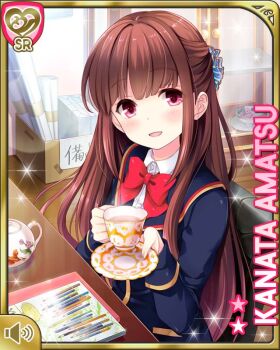 1girl amatsu_kanata bow bowtie brown_hair brown_shoes card_(medium) character_name full_body girlfriend_(kari) hair_ornament jacket loafers long_hair miniskirt official_art qp:flapper red_bow red_bowtie red_eyes red_skirt school_uniform scrunchie shirt shoes skirt smile solo standing thighhighs thighs