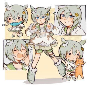 1girl absurdres animal animal_ears blue_eyes blush brown_choker cat choker double_v ear_covers fish flower green_sailor_collar green_shorts grey_hair hair_between_eyes hair_flower hair_ornament hairclip highres holding holding_animal holding_cat horse_ears horse_girl horse_tail long_sleeves looking_at_viewer open_mouth sailor_collar seiun_sky_(reeling_in_the_big_one)_(umamusume) seiun_sky_(umamusume) shirt shoes short_hair shorts single_ear_cover skirt smile solid_circle_eyes sunflower sunflower_hair_ornament tail umamusume v white_shirt wuzeio yawning