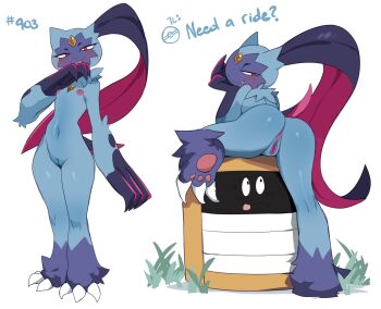 0lightsource 1boy 1girl back basket blue_fur body_fur cleft_of_venus fang flat_chest forehead_jewel from_behind full_body furry furry_female gem hand_to_own_mouth hand_up highres looking_at_viewer looking_back multiple_views navel nintendo nipples nude open_mouth pokedex_number pokemon pokemon_(creature) pokemon_focus pokemon_legends:_arceus purple_fur pussy rei_(pokemon) smile sneasler standing tongue tongue_out two-tone_fur yellow_gem