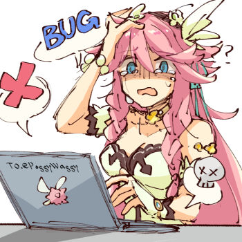 1girl ? ?? alonemistrist bare_shoulders blue_eyes commentary computer crying crying_with_eyes_open dragalia_lost dress english_commentary english_text hair_between_eyes hand_on_own_head laptop long_hair notte_(dragalia_lost) open_mouth pink_hair skull solo tears very_long_hair x_(symbol)