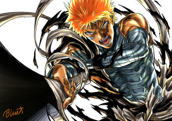 1boy bandage_on_face bandaged_arm bandaged_chest bandaged_torso bandages bleach buru-dai commentary_request covered_abs dutch_angle foreshortening hand_on_own_arm highres holding holding_sword holding_weapon kubo_tite_(style) kurosaki_ichigo male_focus obi open_mouth orange_eyes orange_hair pointing_melee_weapon sash scene_reference shirt shouting signature single_bare_shoulder solo spiked_hair sword torn_clothes torn_shirt upper_body weapon white_background zangetsu_(shikai) zanpakutou