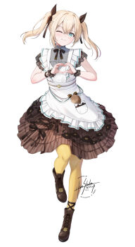 1girl ;) apron aqua_eyes black_skirt black_wrist_cuffs blonde_hair boots brown_boots closed_mouth commentary_request cross-laced_clothes cross-laced_skirt frilled_apron frills full_body grey_shirt heart heart_hands highres hololive kazama_iroha kazama_iroha_(maid) lace lace-up_boots lace_sleeves looking_at_viewer medium_hair official_alternate_costume official_alternate_hairstyle one_eye_closed pantyhose shirt short_sleeves simple_background skirt skyrail smile solo twintails virtual_youtuber white_apron white_background wrist_cuffs yellow_pantyhose