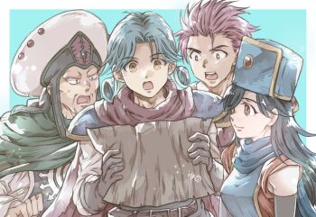 1girl 3boys aqua_background aqua_hair armor avan_de_ginual_the_third black_gloves black_hair blue_hat blue_scarf blue_tunic border breasts brown_eyes brown_gloves character_request commentary_request curly_hair dragon_quest dragon_quest:_dai_no_daibouken_-_yuusha_avan_to_gokuen_no_maou dragon_quest_dai_no_daibouken elbow_gloves gloves hair_over_one_eye hat holding holding_map isa_(chiyo-s) leira long_hair map matoriv_(dai_no_daibouken) medium_breasts multiple_boys n no_eyebrows open_mouth red_hair red_scarf scarf short_hair shoulder_armor sweatdrop swept_bangs tunic upper_body white_border white_hat wide-eyed