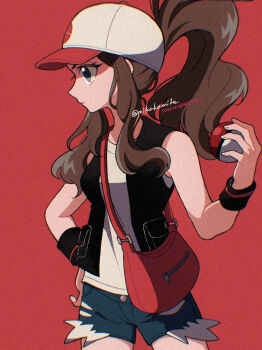 1girl artist_name bag black_vest blue_eyes blue_shorts brown_hair closed_mouth hand_on_own_hip hat highres hilda_(pokemon) holding holding_poke_ball long_hair looking_to_the_side mikakami1e nintendo open_clothes open_vest poke_ball poke_ball_(basic) pokemon pokemon_bw ponytail red_background red_bag shirt short_shorts shorts shoulder_bag sleeveless sleeveless_shirt solo twitter_username vest white_hat white_shirt wristband