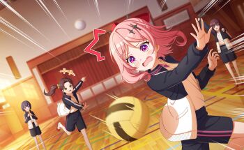 4girls 5girls an_(world_dai_star) ball black_hair black_pants black_skirt blush brown_hair ceiling_light commentary_request fudeshima_shigure game_cg green_eyes hair_ornament hairclip highres indoors jacket koharu_(world_dai_star) long_hair long_sleeves multiple_girls official_art open_mouth outstretched_arms pants pink_hair pleated_skirt ponytail purple_eyes riko_(world_dai_star) school school_uniform serafuku shoes short_hair shorts skirt smile sportswear tears third-party_source twintails volleyball world_dai_star yellow_eyes