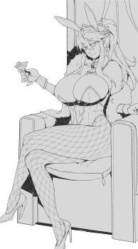 1girl absurdres ahoge animal_ears artoria_pendragon_(fate) artoria_pendragon_(lancer)_(fate) artoria_pendragon_(swimsuit_ruler)_(fate) artoria_pendragon_(swimsuit_ruler)_(first_ascension)_(fate) bare_shoulders braid breasts cleavage clothing_cutout cocktail_glass crossed_legs cup detached_collar drinking_glass fate/grand_order fate_(series) feather_boa fishnet_pantyhose fishnets greyscale hair_between_eyes high_heels highleg highleg_leotard highres large_breasts leotard long_hair looking_at_viewer minew monochrome navel navel_cutout necktie pantyhose playboy_bunny ponytail rabbit_ears sidelocks sitting smile solo throne tiara wrist_cuffs