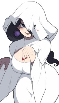 Rule 34 | 1girl, @ @, black hair, breasts, cleavage, cleavage cutout, clothing cutout, commentary request, drawn blush, drawn eyes, earrings, eyelashes, ghost costume, hex maniac (pokemon), hex maniac (pokemon legends: z-a), jewelry, large breasts, long hair, looking at viewer, mituyota 76, nail polish, nintendo, one eye covered, open mouth, pokemon, pokemon legends: z-a, purple eyes, red nails, simple background, smile, solo, wavy hair, white background