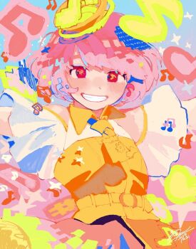 Rule 34 | 1girl, beamed eighth notes, blush, collared dress, dress, eighth note, highres, kamen rider, kamen rider ex-aid (series), looking at viewer, musical note, necktie, parted lips, pink hair, poppi pipopapo, red eyes, ruu wan mm, shadow, short hair, short sleeves, signature, smile, solo, upper body, yellow dress, yellow necktie