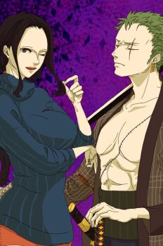 Rule 34 | 1boy, 1girl, commentary request, earrings, green hair, haramaki, jewelry, looking at viewer, nico robin, nikoban, one eye closed, one piece, one piece film: z, planted, planted sword, planted weapon, purple background, roronoa zoro, scar, scar across eye, scar on face, sidelocks, smile, stitched torso, stitches, striped clothes, sword, twintails, vertical-striped clothes, weapon
