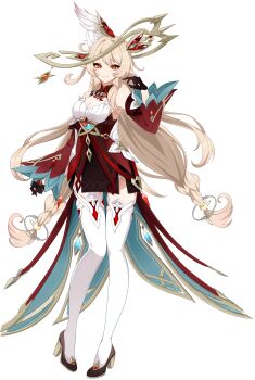 1girl absurdres alice_(genshin_impact) bare_shoulders black_gloves blonde_hair braid breasts chinese_commentary cleavage closed_mouth commentary_request cross-shaped_pupils detached_sleeves dress full_body genshin_impact gloves hair_ornament hand_up high_heels highres long_hair long_sleeves looking_at_viewer low-braided_long_hair low-tied_long_hair medium_breasts pointy_ears red_eyes smile solo standing symbol-shaped_pupils thighhighs very_long_hair white_background white_thighhighs yu_lanmeiyesha