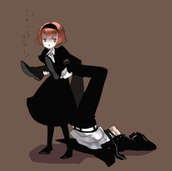 1boy 1girl android bad_id bad_pixiv_id black_dress blazer brown_background colored_skin dragging dress formal_clothes gloves hairband jacket lying necktie on_back pale_skin pant_suit pants pantyhose puffy_sleeves r0c r_dorothy_wayneright red_eyes red_hair roger_smith short_hair simple_background suit the_big_o translation_request upside-down white_skin
